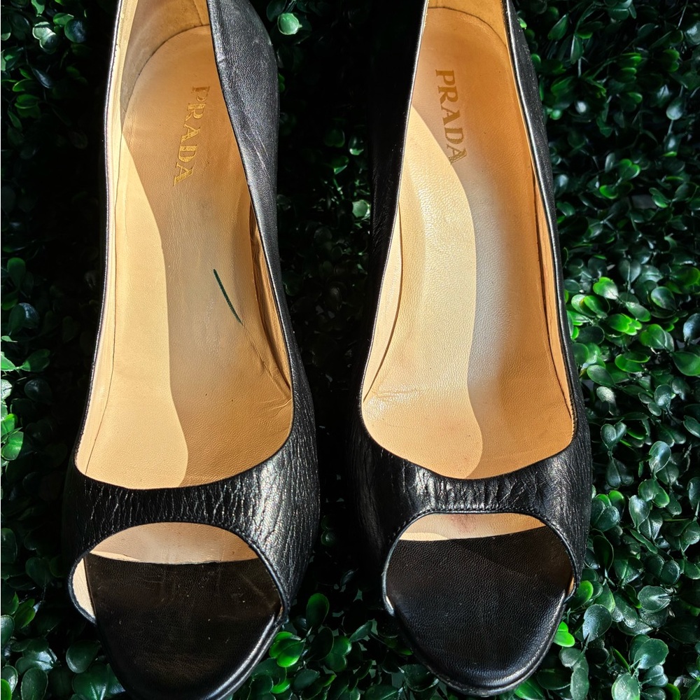 Prada Black Leather Peep-Toe Heels